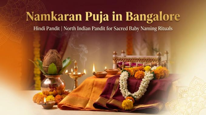 Namkaran Puja setup for a baby's naming ceremony in Bangalore